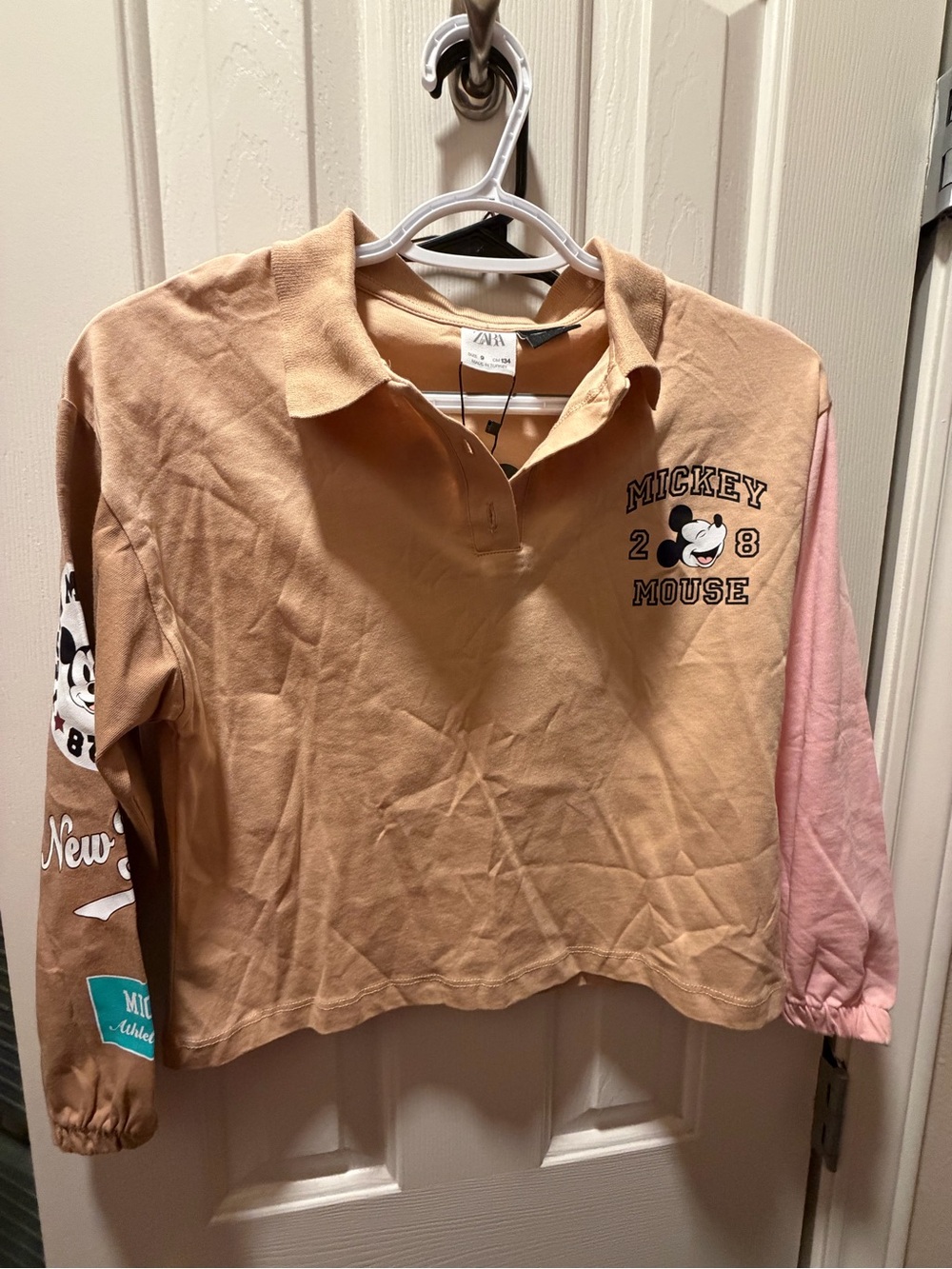 Zara Kids Mickey Graphic Long-Sleeve Polo Top - Beige & Pink